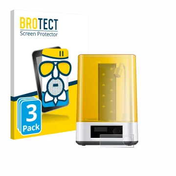 Front side of a product packaging with the brand logo BROTECT. Next to it is the device Anycubic Wash & Cure 3 shown with the 