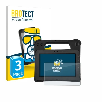 Front side of a product packaging with the brand logo BROTECT. Next to it is the device Zebra XPad L10ax shown with the corres