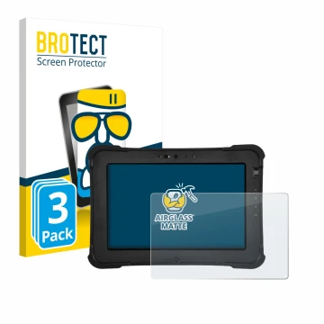 Front side of a product packaging with the brand logo BROTECT. Next to it is the device Zebra XSlate L10ax shown with the corr