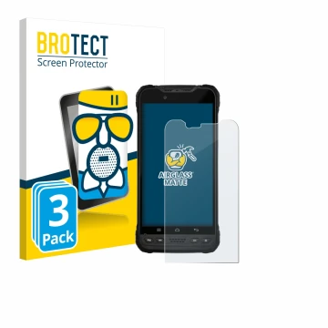 Front side of a product packaging with the brand logo BROTECT. Next to it is the device Zebra Xplore M60 shown with the corres