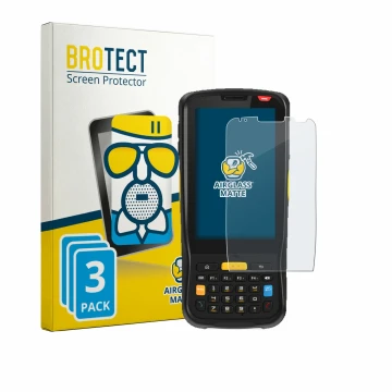 Front side of a product packaging with the brand logo BROTECT. Next to it is the device Newland MT65 Beluga V shown with the c