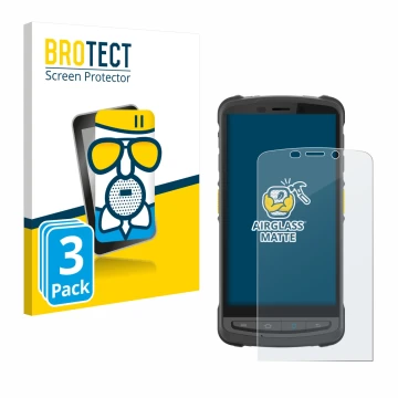 Front side of a product packaging with the brand logo BROTECT. Next to it is the device Newland MT9055 Orca III shown with the