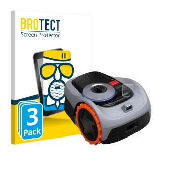 Front side of a product packaging with the brand logo BROTECT. Next to it is the device Navimow i105E+ shown with the correspo