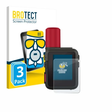 Front side of a product packaging with the brand logo BROTECT. Next to it is the device Garmin inReach Mini 3 Plus shown with 