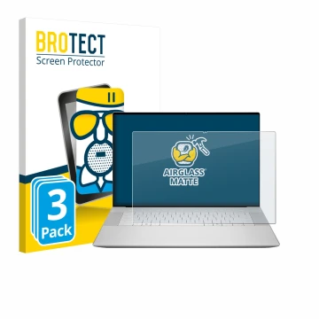 Front side of a product packaging with the brand logo BROTECT. Next to it is the device Dell 16 Premium Laptop shown with the 