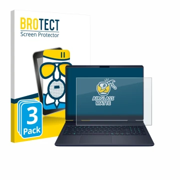 Front side of a product packaging with the brand logo BROTECT. Next to it is the device Dell Alienware 16X shown with the corr