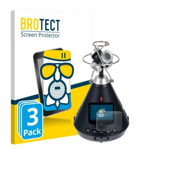 Front side of a product packaging with the brand logo BROTECT. Next to it is the device Zoom H3-VR shown with the correspondin