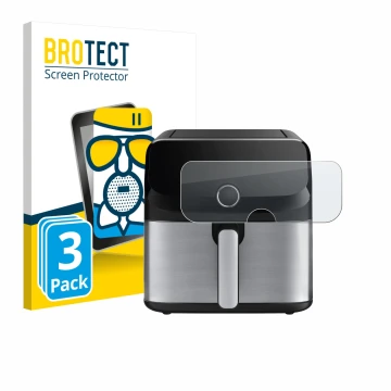 Front side of a product packaging with the brand logo BROTECT. Next to it is the device Tefal Easy Fry Mega shown with the cor