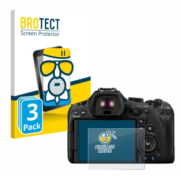 Front side of a product packaging with the brand logo BROTECT. Next to it is the device Canon EOS R6 Mark III shown with the c