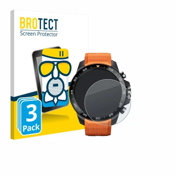 Front side of a product packaging with the brand logo BROTECT. Next to it is the device Xiaomi Mibro GS Explorer S shown with 