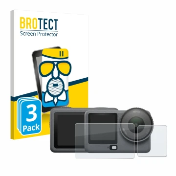 Front side of a product packaging with the brand logo BROTECT. Next to it is the device DJI Osmo Action 6 shown with the corre