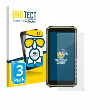 Front side of a product packaging with the brand logo BROTECT. Next to it is the device Ulefone RugKing 2 Pro shown with the c