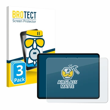 Front side of a product packaging with the brand logo BROTECT. Next to it is the device realme Pad 3 shown with the correspond