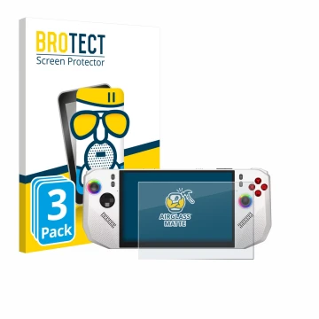 Front side of a product packaging with the brand logo BROTECT. Next to it is the device MSI Claw A8 BZ2EM shown with the corre