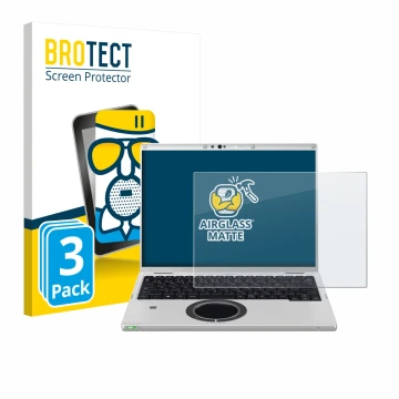 Front side of a product packaging with the brand logo BROTECT. Next to it is the device Panasonic CF-FV3 shown with the corres