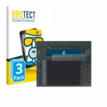 Front side of a product packaging with the brand logo BROTECT. Next to it is the device Ableton Push 3 shown with the correspo