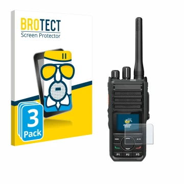 Front side of a product packaging with the brand logo BROTECT. Next to it is the device Hytera HP565 shown with the correspond