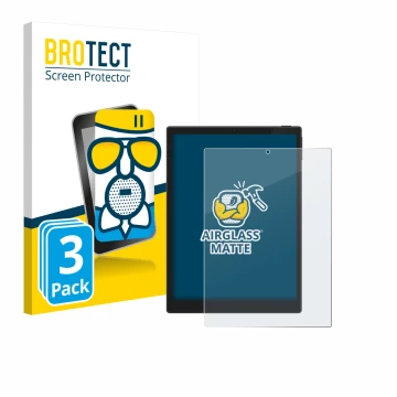 Front side of a product packaging with the brand logo BROTECT. Next to it is the device Hannspree Lumo 7.8 shown with the corr