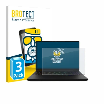 Front side of a product packaging with the brand logo BROTECT. Next to it is the device XMG Apex 16 Max shown with the corresp