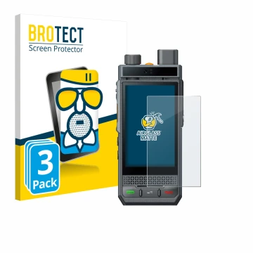 Front side of a product packaging with the brand logo BROTECT. Next to it is the device Hytera P60 shown with the correspondin