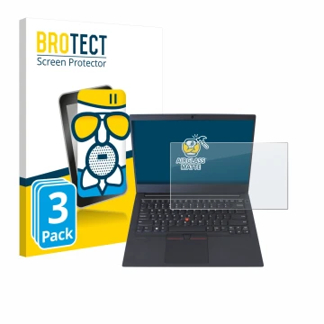 Front side of a product packaging with the brand logo BROTECT. Next to it is the device Lenovo ThinkPad E14 Gen 1 shown with t