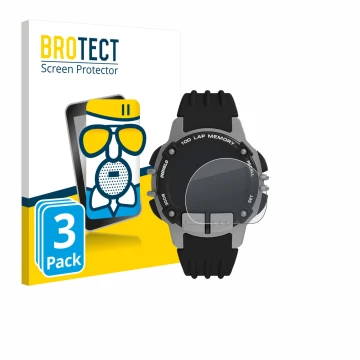 Front side of a product packaging with the brand logo BROTECT. Next to it is the device Timex Ironman TW5M63200 shown with the
