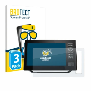 Front side of a product packaging with the brand logo BROTECT. Next to it is the device Humminbird Xplore 9 shown with the cor
