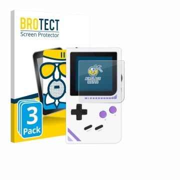 Front side of a product packaging with the brand logo BROTECT. Next to it is the device Modretro Chromatic shown with the corr