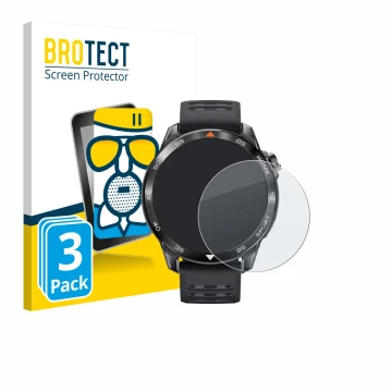 Front side of a product packaging with the brand logo BROTECT. Next to it is the device Xiaomi Mibro GS Pro 2 shown with the c