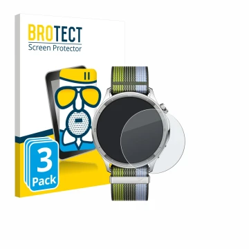 Front side of a product packaging with the brand logo BROTECT. Next to it is the device Oppo Watch S shown with the correspond