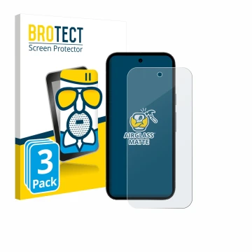 Front side of a product packaging with the brand logo BROTECT. Next to it is the device Google Pixel 10a shown with the corres