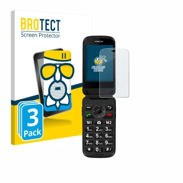 Front side of a product packaging with the brand logo BROTECT. Next to it is the device Simvalley Mobile XL-970 shown with the