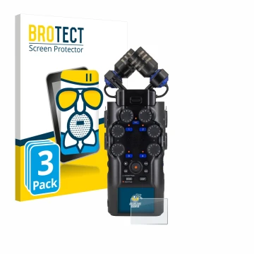 Front side of a product packaging with the brand logo BROTECT. Next to it is the device Zoom H6 studio shown with the correspo
