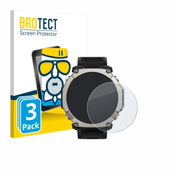 Front side of a product packaging with the brand logo BROTECT. Next to it is the device Huami Amazfit T-Rex Ultra 2 shown with
