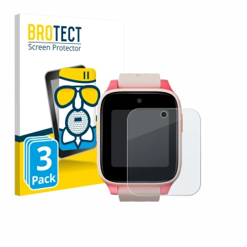 Front side of a product packaging with the brand logo BROTECT. Next to it is the device TCL Movetime Kids Watch MT46 shown wit