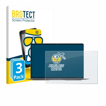 Front side of a product packaging with the brand logo BROTECT. Next to it is the device Geekom GeekBook X14 Pro shown with the