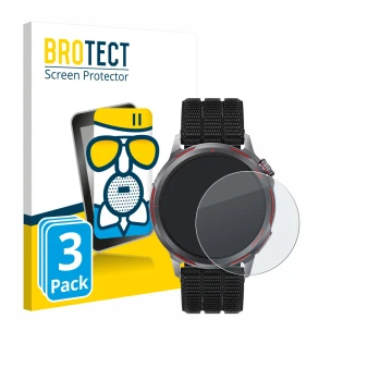 Front side of a product packaging with the brand logo BROTECT. Next to it is the device Huawei Watch GT Runner 2 shown with th