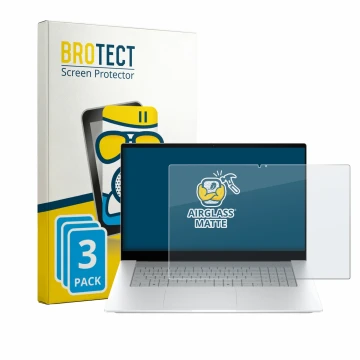 Front side of a product packaging with the brand logo BROTECT. Next to it is the device HP OmniBook X 17-de0776ngx shown with 
