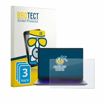 Front side of a product packaging with the brand logo BROTECT. Next to it is the device MEDION Avantum 14 E1e shown with the c