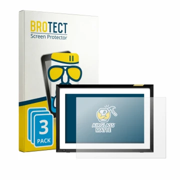 Front side of a product packaging with the brand logo BROTECT. Next to it is the device Nixplay Klassischer 10.1