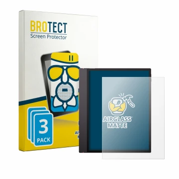 Front side of a product packaging with the brand logo BROTECT. Next to it is the device Boox Note Air 6 C shown with the corre