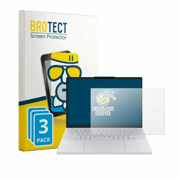 Front side of a product packaging with the brand logo BROTECT. Next to it is the device Lenovo Googlebook 15 shown with the co