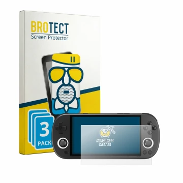 Front side of a product packaging with the brand logo BROTECT. Next to it is the device Trimui Smart Pro shown with the corres