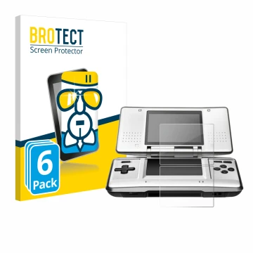 Front side of a product packaging with the brand logo BROTECT. Next to it is the device Nintendo DS shown with the correspondi