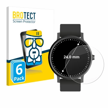Front side of a product packaging with the brand logo BROTECT. Next to it is the device Watches (Circular, ø: 24 mm) shown wit
