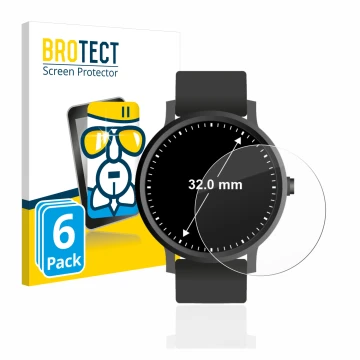 Front side of a product packaging with the brand logo BROTECT. Next to it is the device Watches (Circular, ø: 32 mm) shown wit