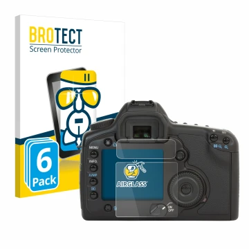 Front side of a product packaging with the brand logo BROTECT. Next to it is the device Canon EOS 5D shown with the correspond
