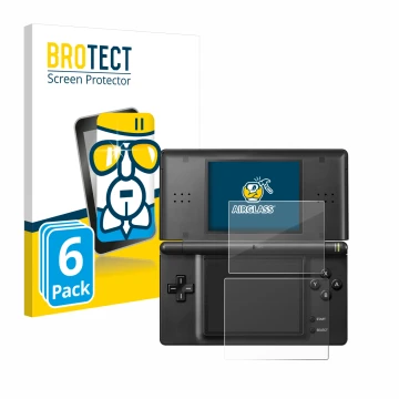 Front side of a product packaging with the brand logo BROTECT. Next to it is the device Nintendo DS LITE shown with the corres