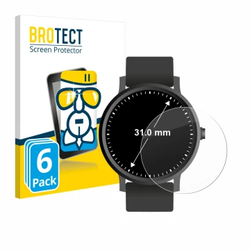 Front side of a product packaging with the brand logo BROTECT. Next to it is the device Watches (circular, ø: 31 mm) shown wit