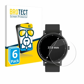 Front side of a product packaging with the brand logo BROTECT. Next to it is the device Watches (Circular, ø: 37 mm) shown wit